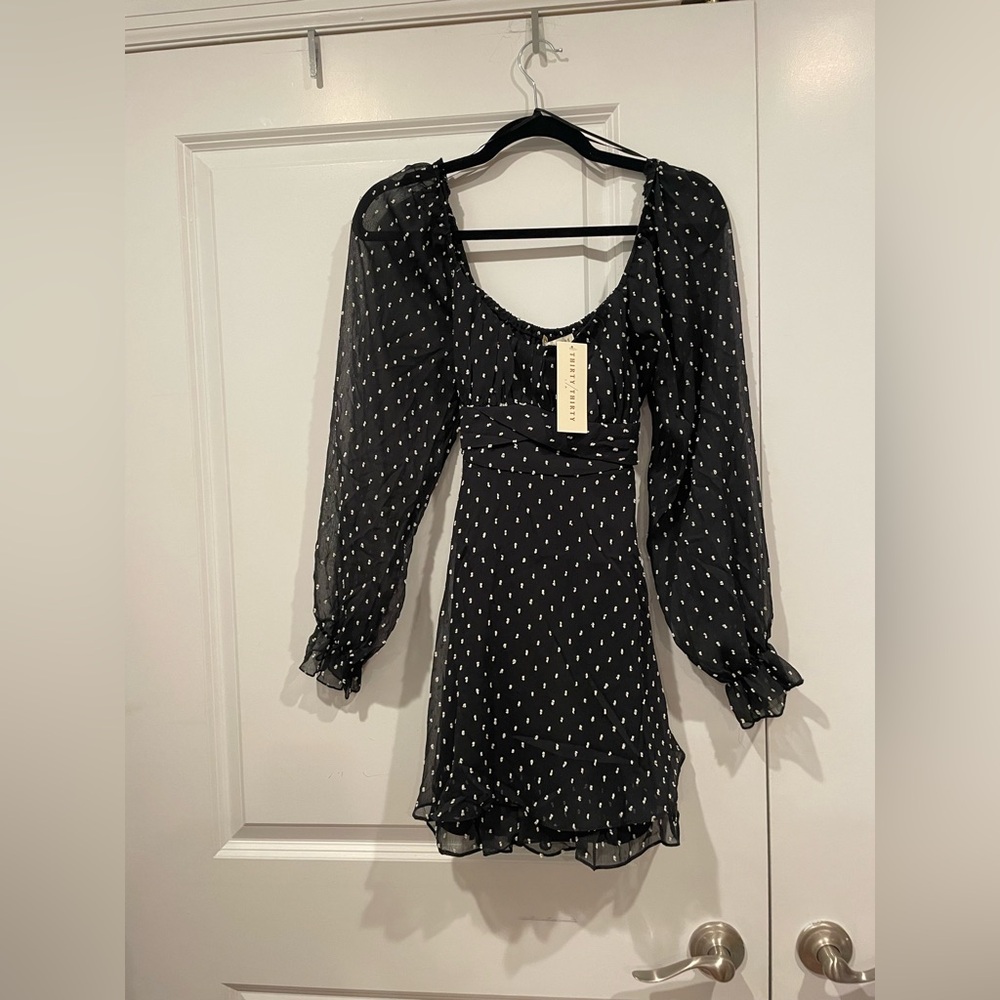 NWT Black and White Ruffled Tiered Mini Dress with Bishop Sleeves
